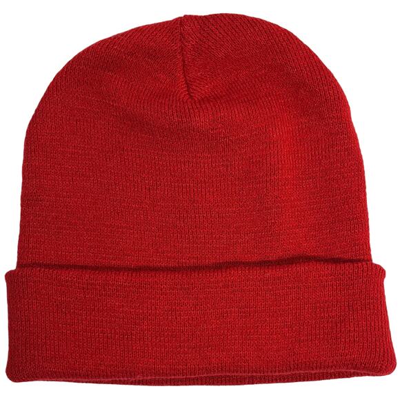 Deep Red Knit Ribbed Foldable Winter Beanie Unisex Adult One Size - Picture 1 of 4